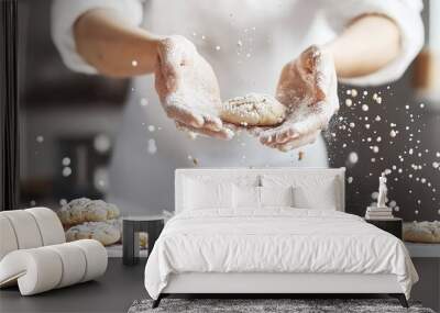 Close-up of female baker s hands sprinkling powdered sugar over homemade cookies on table in commercial kitchen for small business bakery concept Wall mural