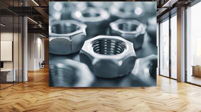 Close-up of several metallic nuts arranged on a smooth surface. The image emphasizes the texture, shine, and precision of the metal, highlighting industrial hardware components Wall mural