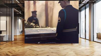 Combat colleagues at farewell ceremony for dead soldier in coffin covered with snow Wall mural