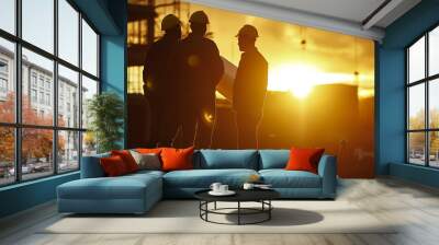 Construction workers discussing project at sunset, silhouettes of builders on site, teamwork concept Wall mural