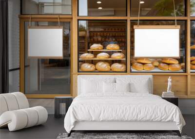 Contemporary bakery with spacious window showcasing a variety of freshly baked bread and two vacant hanging signs for promotion Wall mural