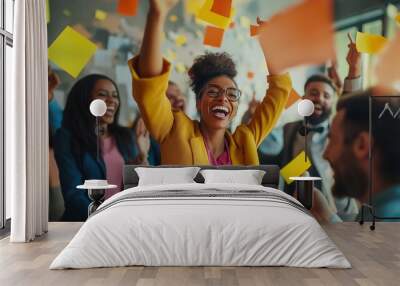 Diverse Office Workers Celebrating a Successful Project with Raised Hands and Colorful Confetti Falling in the Air Wall mural