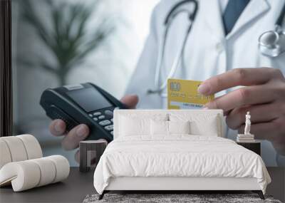 Doctor holding credit card and payment terminal. Image conveys concept of healthcare payment or medical billing Wall mural