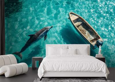 Dolphin swimming near boat in clear turquoise water, marine life and nature, scenic ocean view concept Wall mural