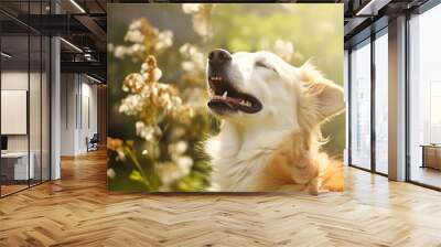 Domestic dog sneezing from flower pollen in spring time outdoor during walking Wall mural