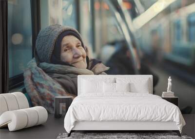 Elderly homeless woman with a content expression resting on a train seat during winter. She is bundled up in a warm coat and hat, finding brief solace in the transit system Wall mural