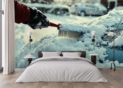 Hand cleaning snow off a car windshield with a snow brush on a cold winter day Wall mural