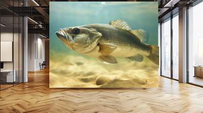 Largemouth bass swimming underwater in clear lake, natural habitat, aquatic life, fish concept Wall mural