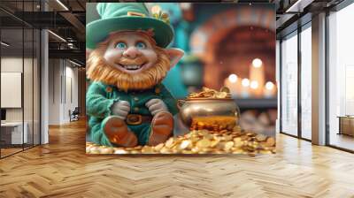 Leprechaun patrick with his golden coins in pot and pile of gold indoor of house in the style of detailed character illustrations. St. Patrick Day concept Wall mural