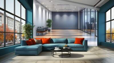 Modern office lobby with white walls and wooden floor and glass doors in office building in style of light navy and gray in minimalist staging Wall mural