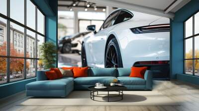 Rear view of a luxury white sports car in a showroom, showcasing its sleek design, sharp lines, and glossy finish under bright showroom lights Wall mural