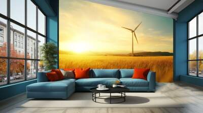 Single wind turbine generating renewable energy in a vast golden wheat field at sunset, symbolizing sustainable agriculture and clean power Wall mural