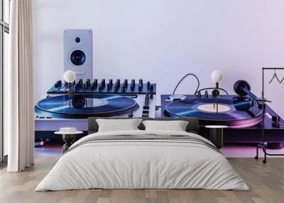 Stylish DJ turntable setup with records and speaker on a white background with vibrant pink and blue neon lights. Isolated on a white background. Wall mural