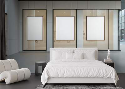 Sunlight shining on the three large windows of a contemporary storefront featuring empty white mockup posters Wall mural