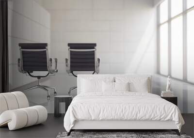 Two modern office chairs facing each other in minimalist white space bathed in natural light from large windows. Clean professional setting evokes corporate environment Wall mural