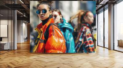 Urban fashion street style, young people wearing trendy clothes, sunglasses in colorful jackets, fashion statement concept Wall mural