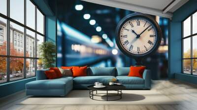 Vintage Train Station Clock with Blurred Train in the Background, Evoking a Sense of Nostalgia and Elegance, Creating a Timeless Atmosphere. Wall mural