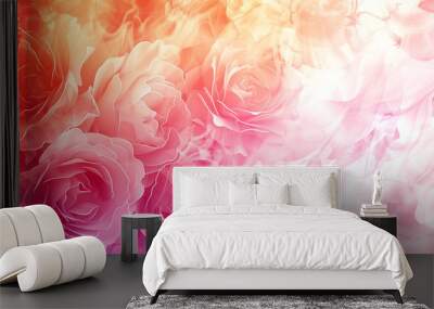 A colorful background with pink and orange flowers. The flowers are arranged in a way that they look like they are floating in the air. The background is a mix of pink and orange, creating a warm Wall mural