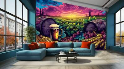 A colorful painting of a field with two barrels and a mug of beer. The mood of the painting is relaxed and inviting Wall mural