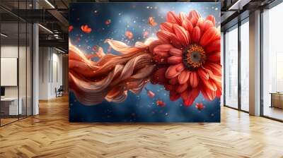 A flower with a red center and orange petals is surrounded by a stream of gold Wall mural