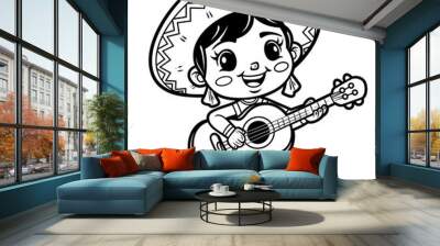 A girl in a sombrero is playing a guitar. She is smiling and she is having fun Wall mural