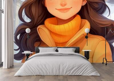 A girl in a yellow jacket and a yellow hat is smiling. She is standing in the snow Wall mural