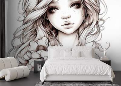 A girl with long hair and a flower in her hair. The girl has a serious expression on her face Wall mural