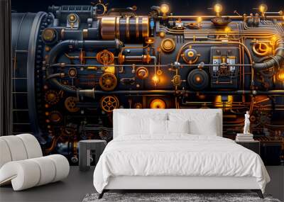 A large, metallic object with many gears and valves. The object is lit up with bright lights, giving it a futuristic and industrial appearance Wall mural