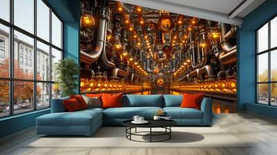 A large industrial space with many pipes and lights. The pipes are yellow and the lights are also yellow. The space is very open and has a lot of room Wall mural