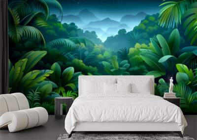 A lush green jungle with a path through it. The jungle is full of trees and plants, and the sky is dark Wall mural