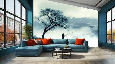 A man is fishing in a lake with a tree in the background. The sky is cloudy and the water is calm Wall mural