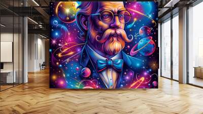 A man with a mustache and glasses is standing in a colorful space with planets and stars surrounding him Wall mural