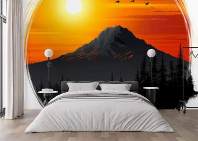 A mountain with a sun in the background and birds flying in the sky Wall mural