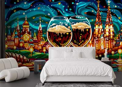 A painting of two wine glasses with a city skyline in the background. The wine glasses are filled with dark beer and the city is lit up at night Wall mural