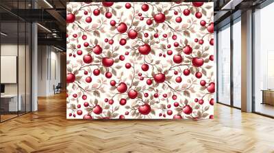 A red and white floral pattern with many apples. The apples are in various sizes and are scattered throughout the design. Scene is cheerful and inviting Wall mural