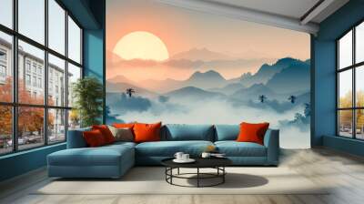 A serene landscape painting depicting a tranquil scene with mountains, fog, and a soft, pastel color palette. Wall mural