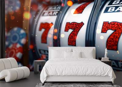 A slot machine with number seven surrounded by poker chips Wall mural