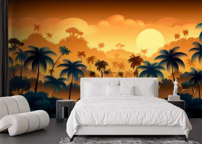 A tropical forest with palm trees and a sunset in the background Wall mural