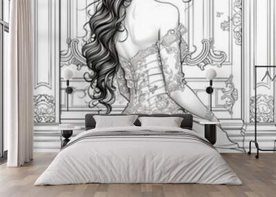 A woman in a white dress with long hair is sitting in front of a door. The dress is long and flowing, and the woman's hair is styled in a bun. The image has a romantic and elegant mood Wall mural