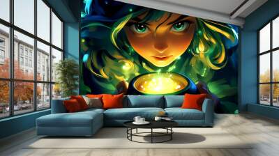 A woman is holding a gold pot with a glowing light inside. The image has a mystical and magical feel to it, as if the woman is holding a powerful artifact Wall mural