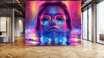 A woman is in a pool of water with neon colors and a glowing effect Wall mural