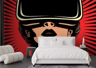 A woman is wearing a virtual reality headset. The image is in red and black and has a pop art style Wall mural