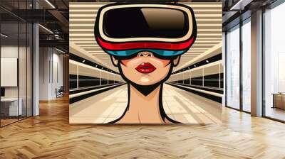 A woman wearing a virtual reality headset. The image is a cartoonish drawing of a woman with a red and blue headset on her face Wall mural