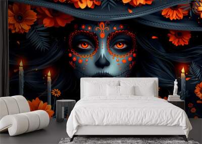 A woman with a black hat and a skull on her face is surrounded by orange flowers. The image has a spooky and eerie mood, with the skull and the black hat adding to the overall atmosphere Wall mural