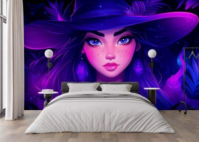 A woman with blue hair and a purple hat. The hat is on her head and she is looking at the camera Wall mural