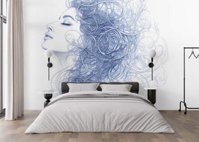 A woman with long, curly hair is shown in a blue and white drawing Wall mural