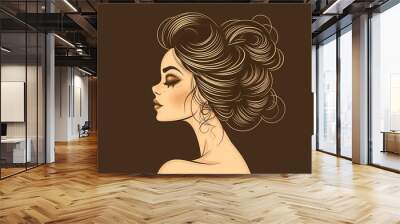 A woman with long brown hair and a brown background. The woman has a very pretty face and is wearing makeup Wall mural