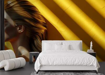 A woman with long hair is sitting in the sun. The sun is shining on her face, making her look beautiful Wall mural