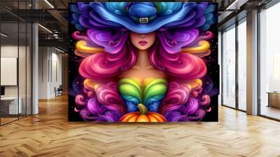 A woman with rainbow hair and a blue hat is holding a pumpkin. The image is colorful and whimsical, with a sense of fun and playfulness Wall mural