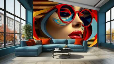 A woman with red glasses and red lipstick is the main focus of the image Wall mural